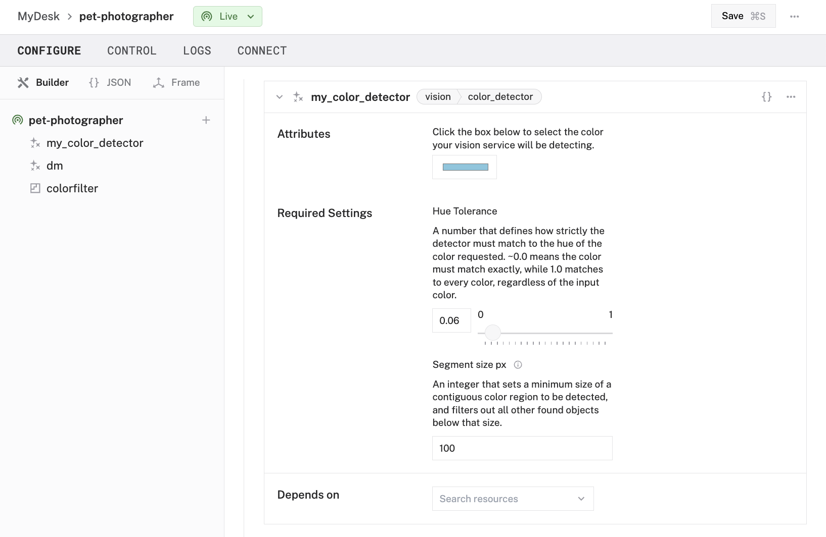 The vision service configuration panel showing the color set to blue, the hue tolerance set to 0.06, and the segment size set to 100.