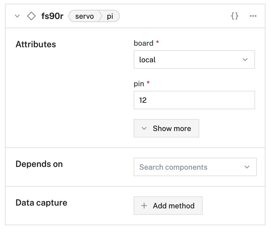 The servo configuration panel It shows attributes. 'Pin' is filled in with '12' and 'Board' is filled in with 'local'. Pin and board are required fields.
