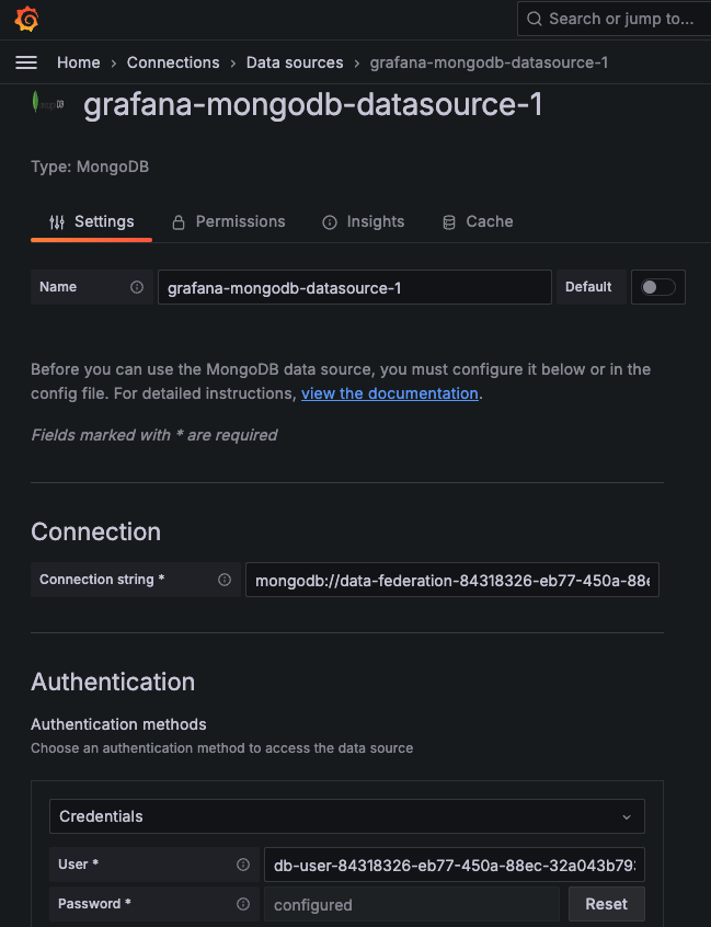 The Grafana data source plugin configuration page, showing the connection string and username filled in with the configuration determined from the previous steps